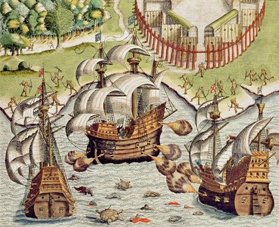 Naval Battle between the Portuguese and French in the Seas off the Potiguaran Territories by Theodore de Bry